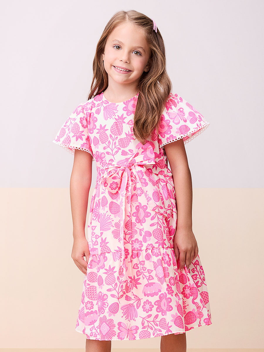 Vestido Infantil Momi Flores Rosa Neon