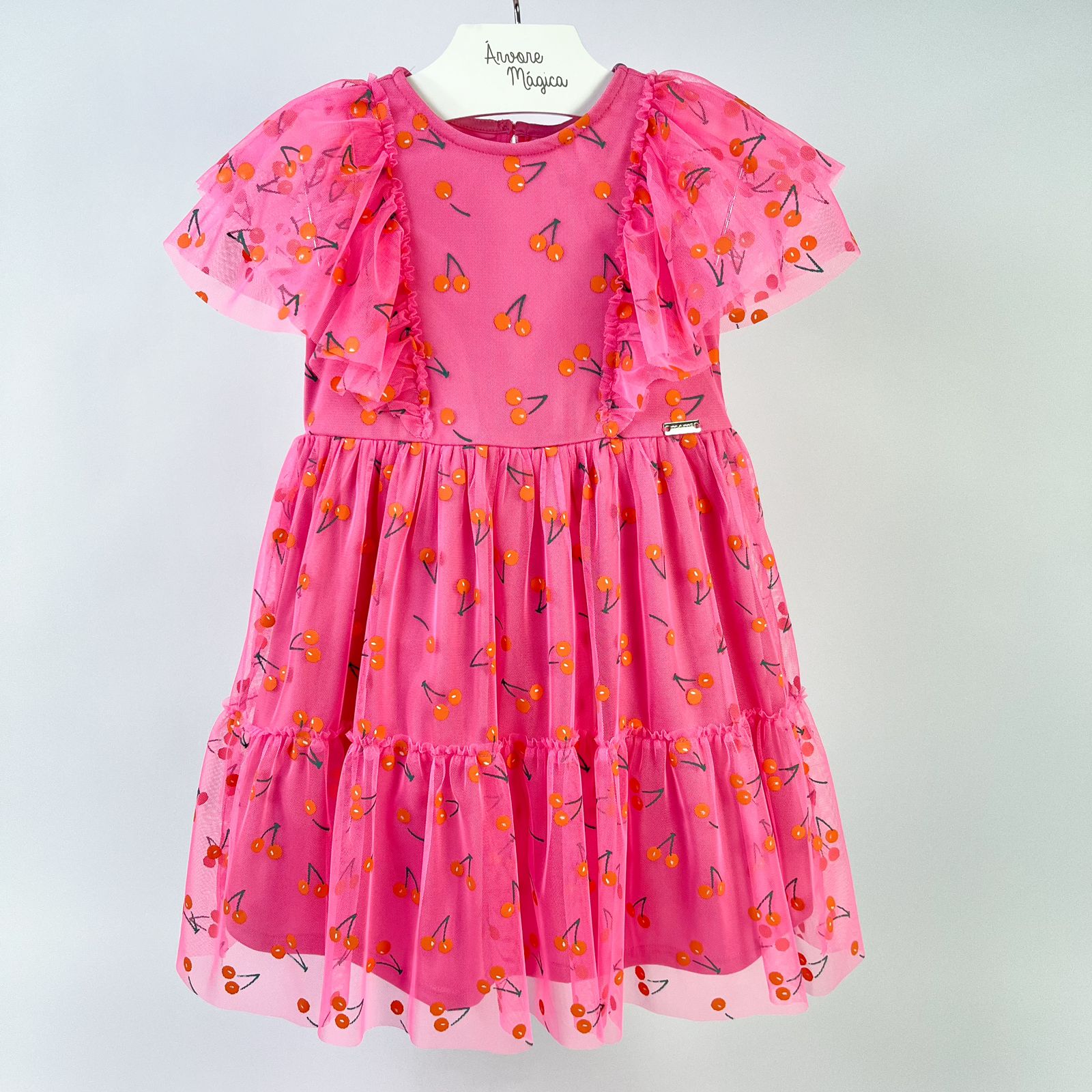 Vestido Infantil Momi Tule Rosa Cerejinhas